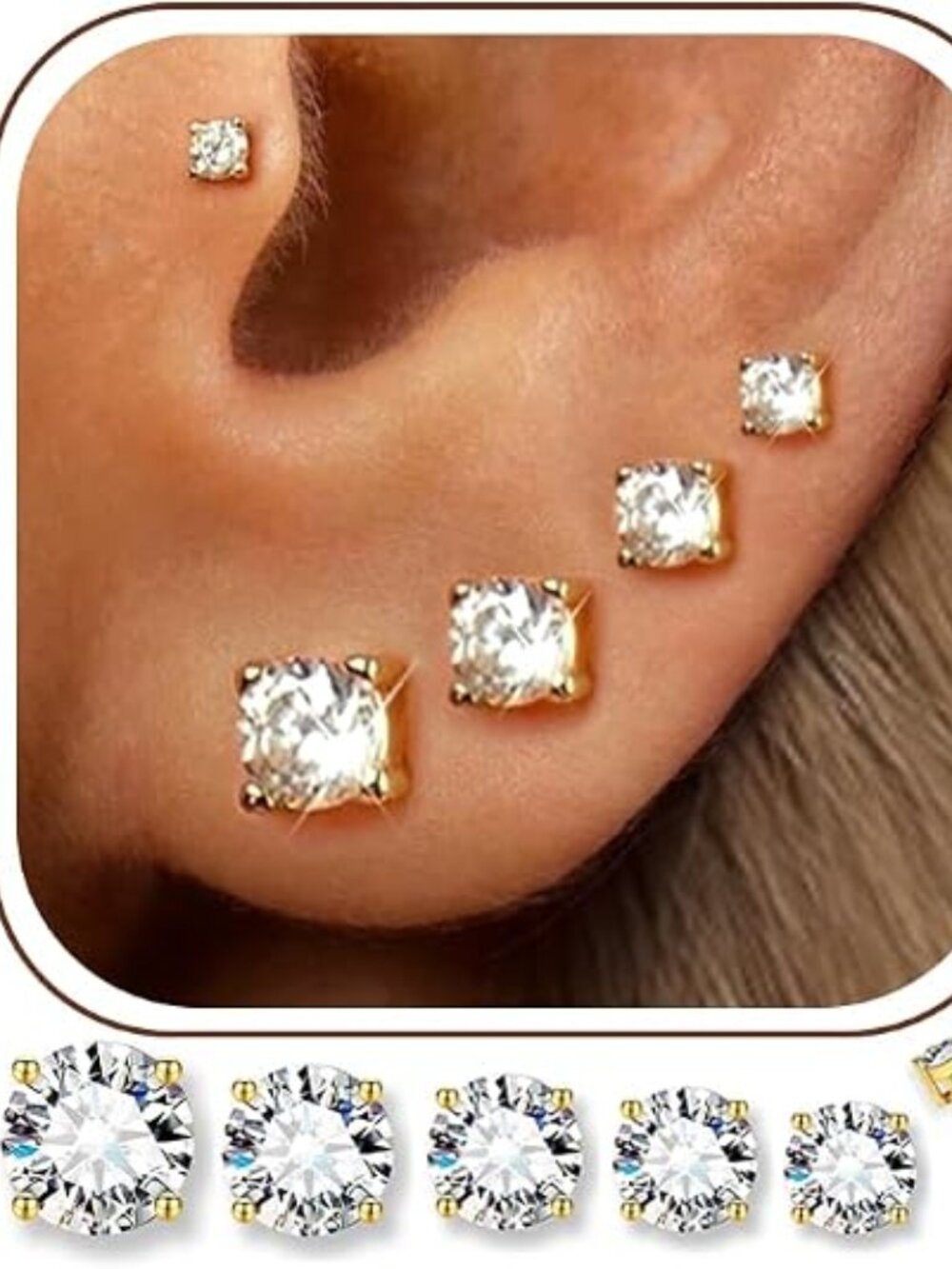 5 Pairs 14K Gold Plated CZ Stud Earrings Multiple Piercing Set